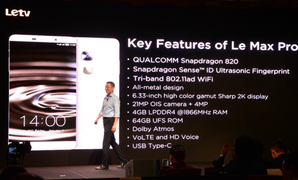 樂視樂Max Pro擁有6.33英寸2K屏，4GB RAM+64GB ROM，擁有2100萬像素OIS光學防抖後置鏡頭+400萬像素前置鏡頭，配備USB Type-C接口，支持Volte高清視頻通話。
